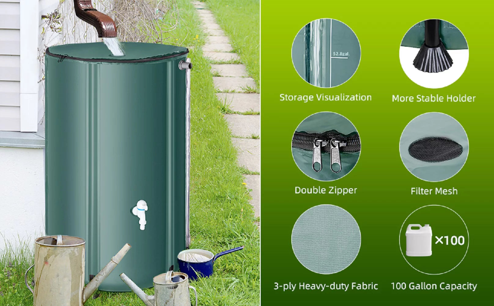 Collapsible Rain Barrel, 100 Gallon Portable Water Storage Tank, Rainwater Collection System Downspout with Tick Marks, Water Catcher Container with Filter Spigot Overflow Kit, Green