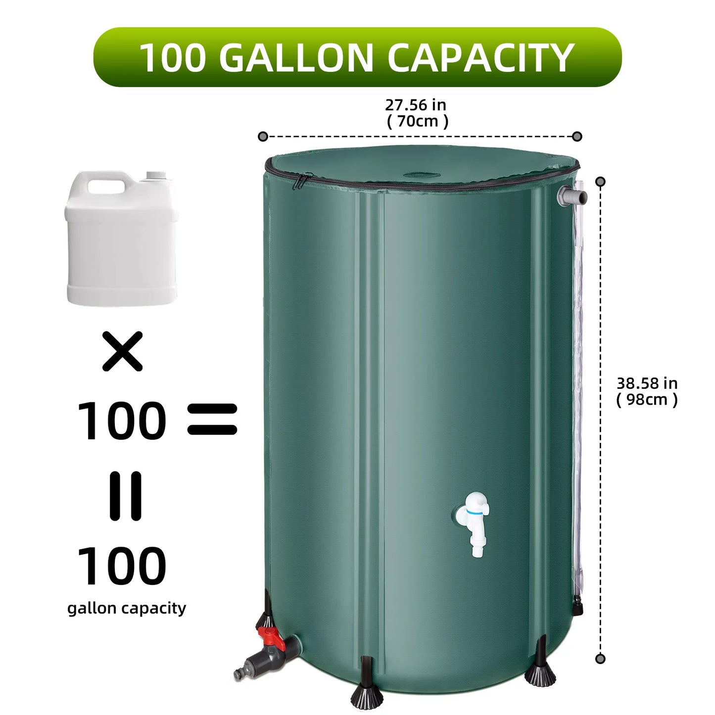 Collapsible Rain Barrel, 100 Gallon Portable Water Storage Tank, Rainwater Collection System Downspout with Tick Marks, Water Catcher Container with Filter Spigot Overflow Kit, Green