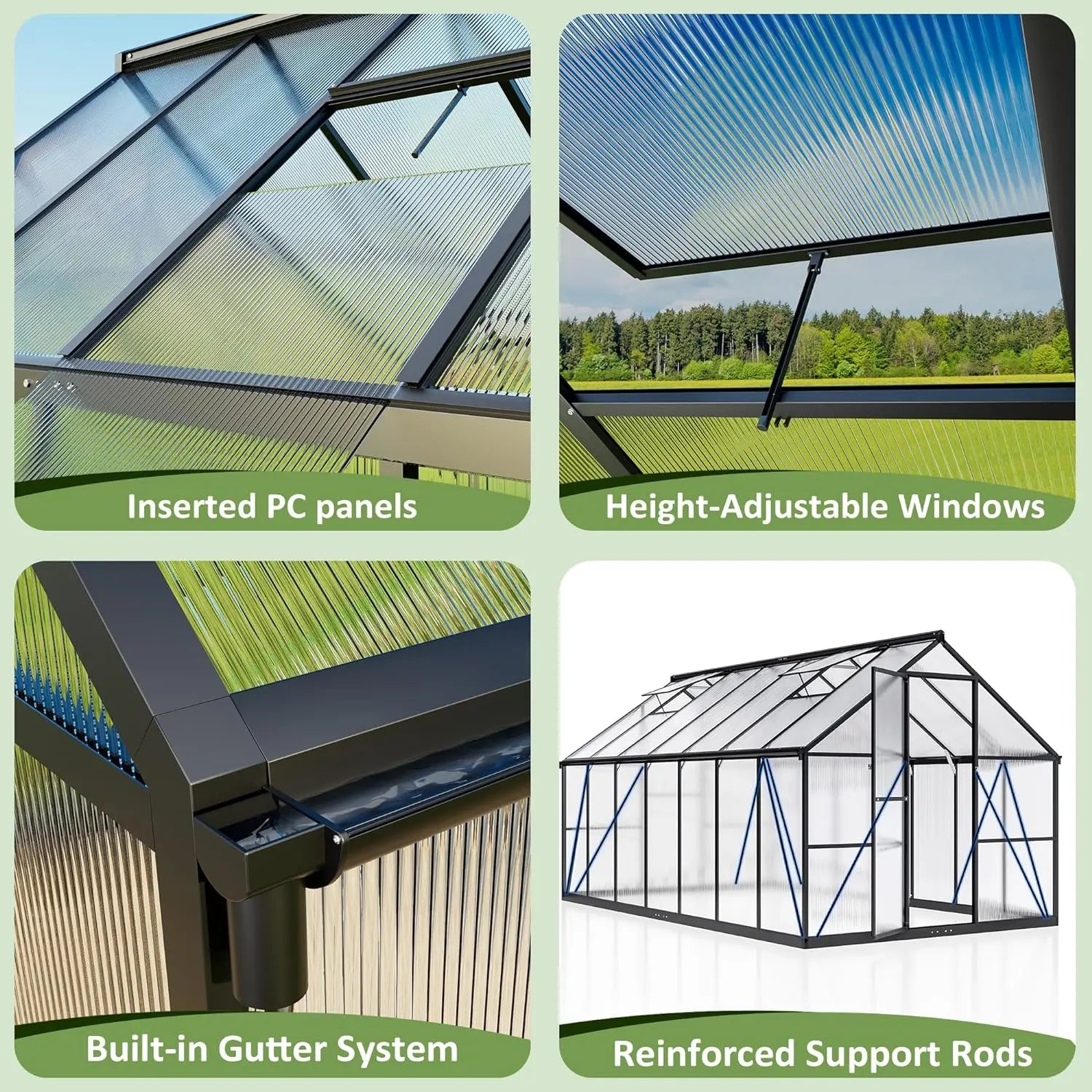 8X14 FT Quick Setup Polycarbonate Greenhouse with Roof Vent, Large Aluminum Walk-In Green House for Outdoor Garden Backyard