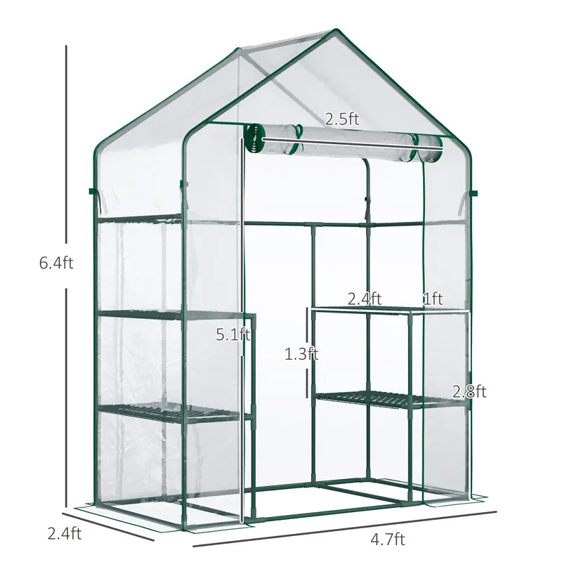 Outsunny 56" X 29" X 77" Mini Greenhouse, Walk-In Greenhouse, Garden Hot House with 4 Shelves, Roll-Up Door and Weatherized Cover, Deep Green