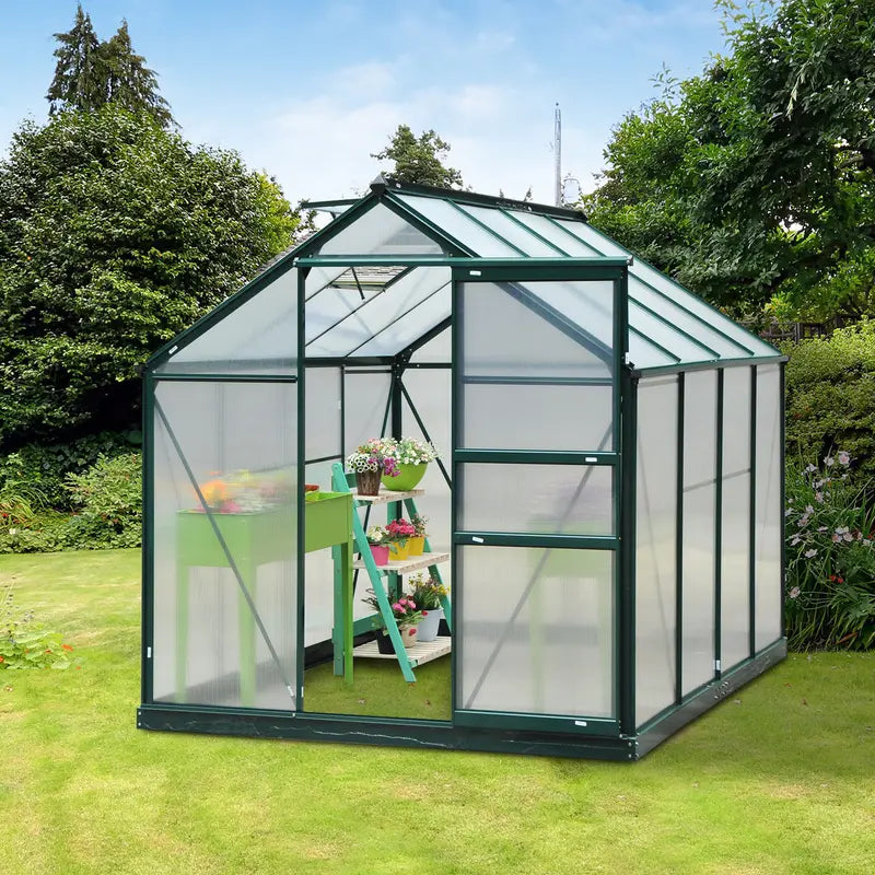 Outsunny 6' X 8' X 7' Polycarbonate Greenhouse Walk-In Plant Greenhouse for Backyard/Outdoor Use with Window and Door, Aluminum Frame, PC Board