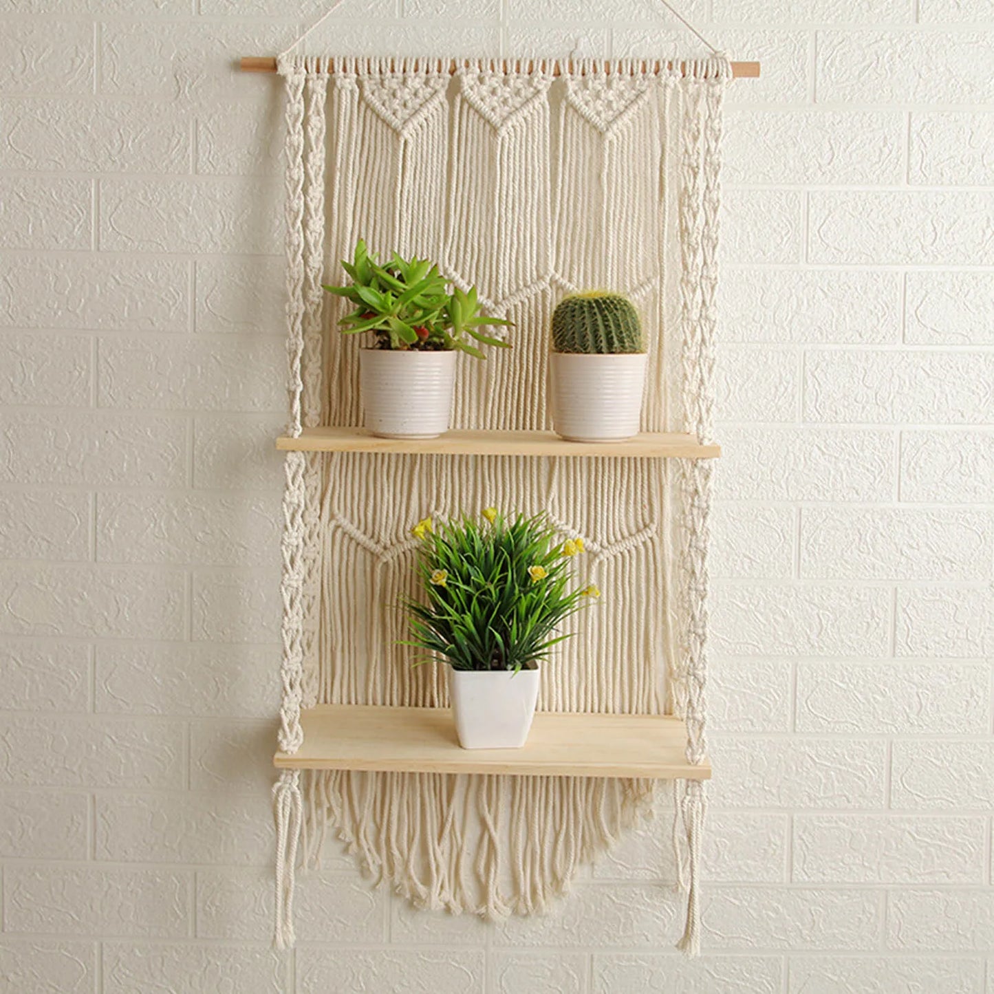 1 PC 44X85Cm Hand-Woven Macrame Tapestry Rack Wooden 2 Shelves Wall Hanging for Bohemian Decoration Boho Decor Ornament