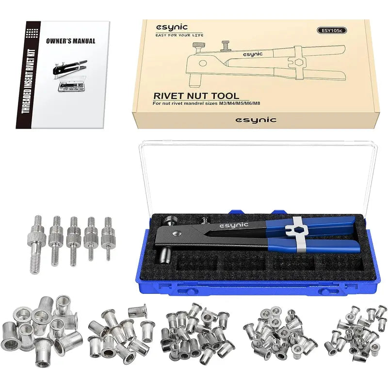 Esynic 86Pcs Heavy Duty Hand Riveter Kit - Rivet Gun with Threaded Rivet Nut Tool - Nut Rivet Tool Kit - Rivet Nutsert Tool Kit - Hand Riveter Rivet Nut Gun with Interchangeable Mandrel (M3, M4, M5, M6, M8)