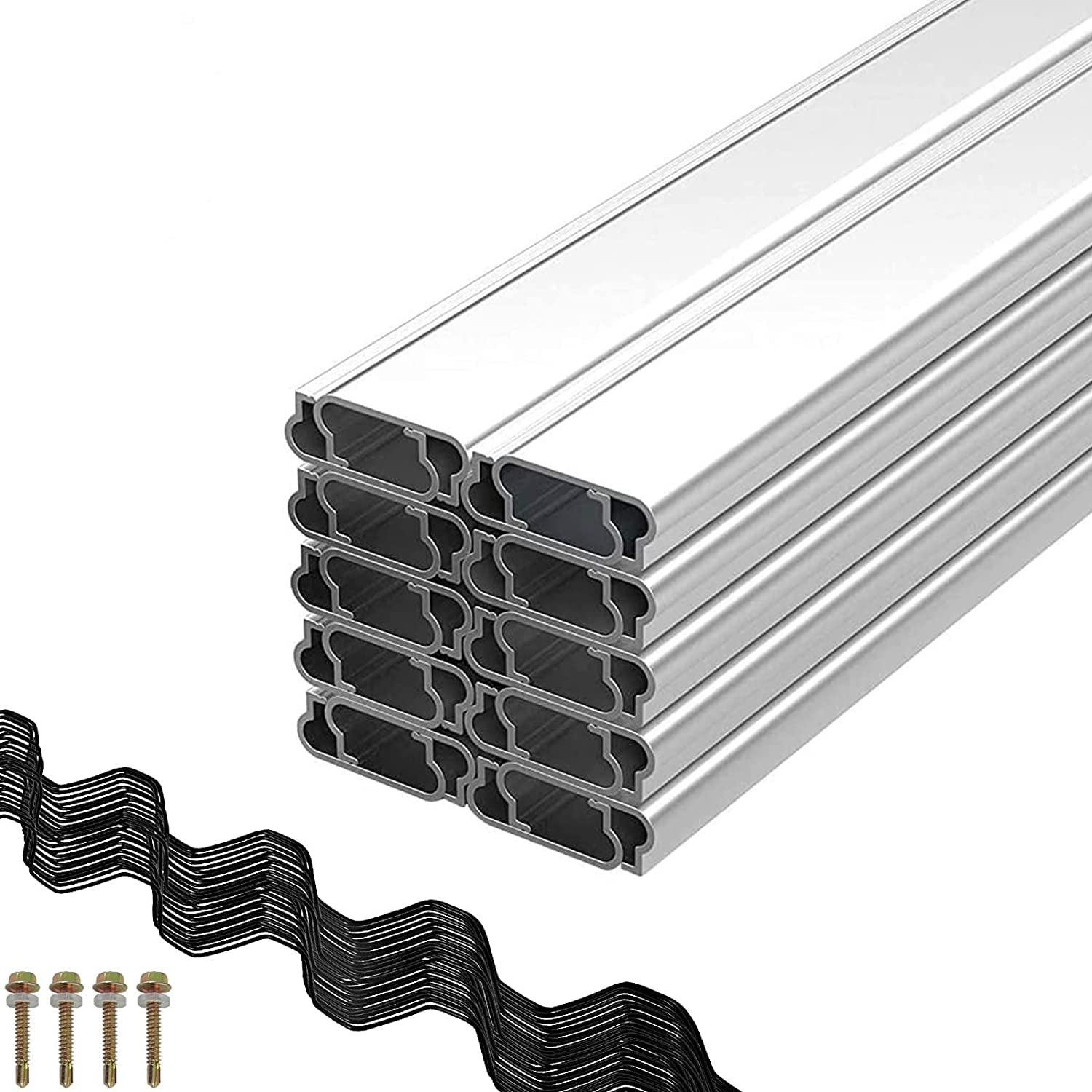 Greenhouse Spring Wire and Lock Channel 50 Packs, 6.56 Ft PE Coated Aluminum Alloy Bundle Kit, Plastic Poly Film or Shade Cloth Attachment W/Screws, Silver