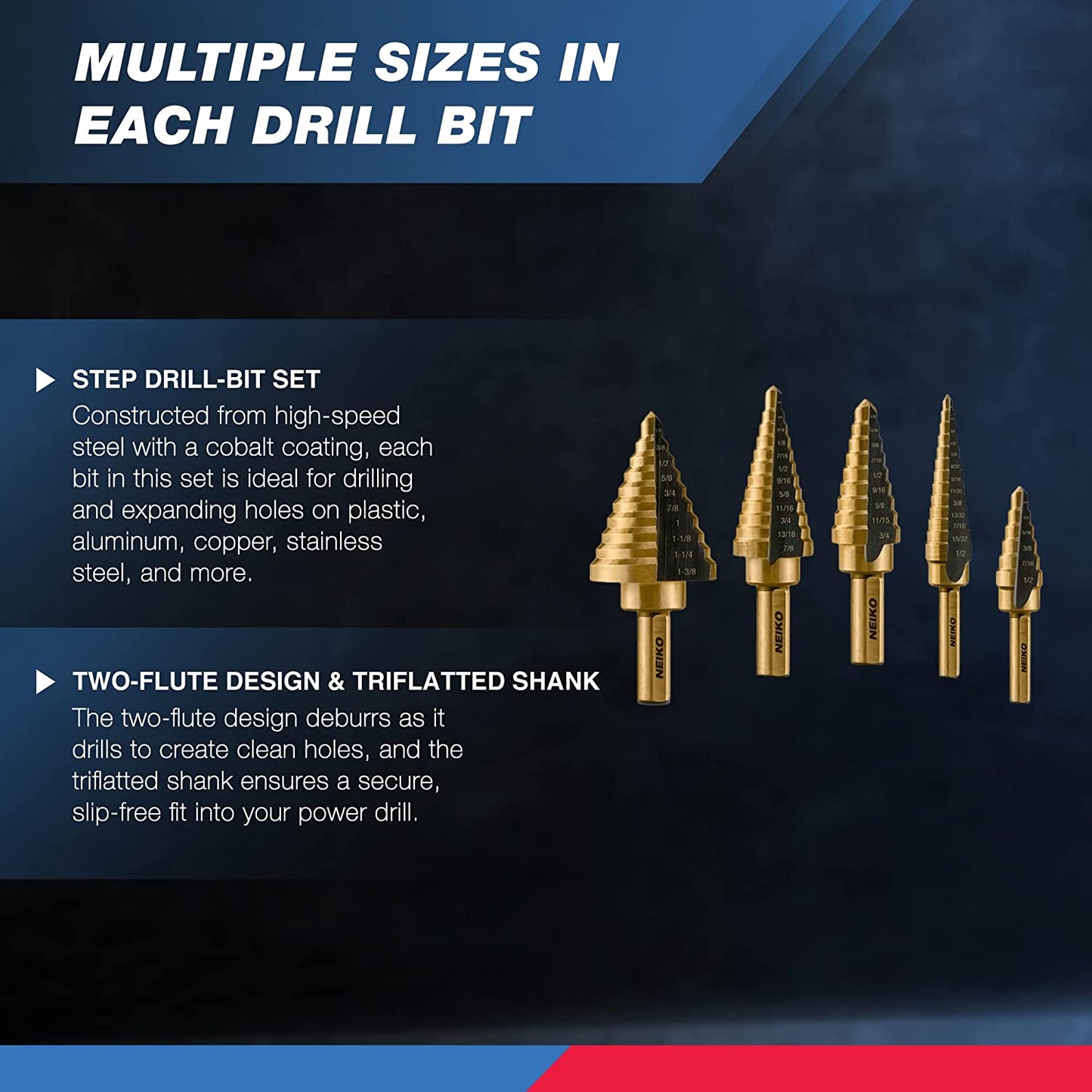 10197A Step Drill Bit Set, 5 Pc Step Bit for Metal, 50 SAE Sizes Total, 1/8” – 1-3/8”, SAE Titanium High Speed Steel Unibit, Stepper Cone Drill Bit, Two Flute Step down Bits, Step up Drill Bits