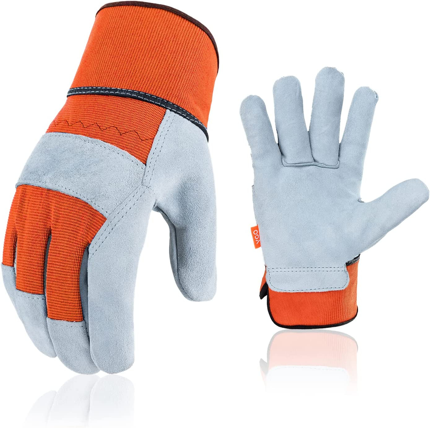 1-Pair Safety Leather Work Gloves Men, Gardening Gloves, Rigger Gloves, Builder Gloves (Size L, Orange, CB3501)