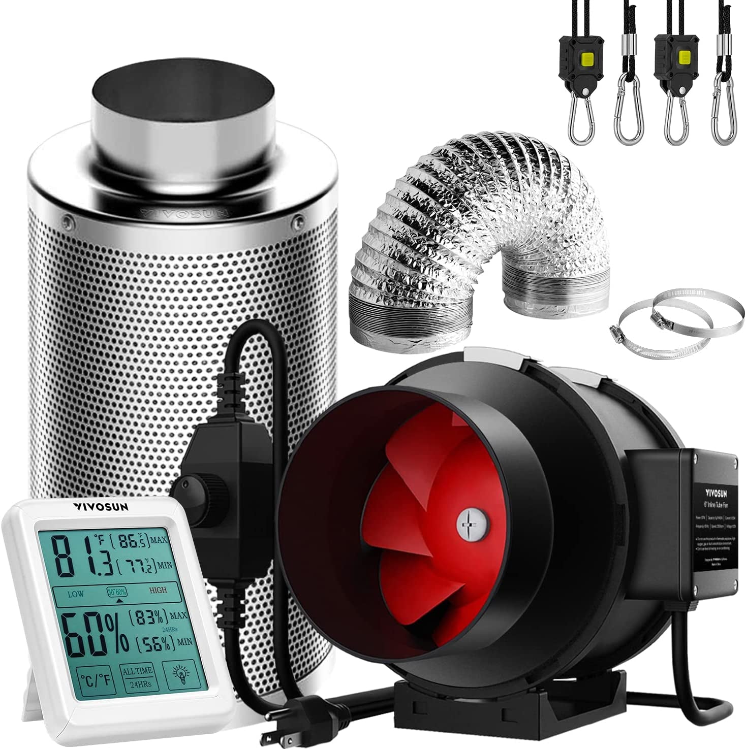 6 Inch 390 CFM Inline Fan with Speed Controller, 6 Inch Carbon Filter and 8 Feet of Ducting, Temperature Humidity Monitor for Grow Tent Ventilation