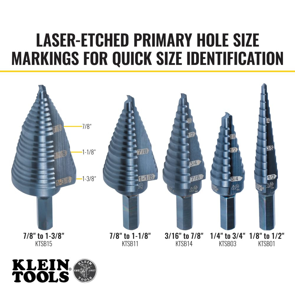 KTSB15 Step Drill Bit #15 Double Fluted 7/8 to 1-3/8-Inch with Easy-To-Read Step Markings and Targets, 3/8-Inch Hex Shank