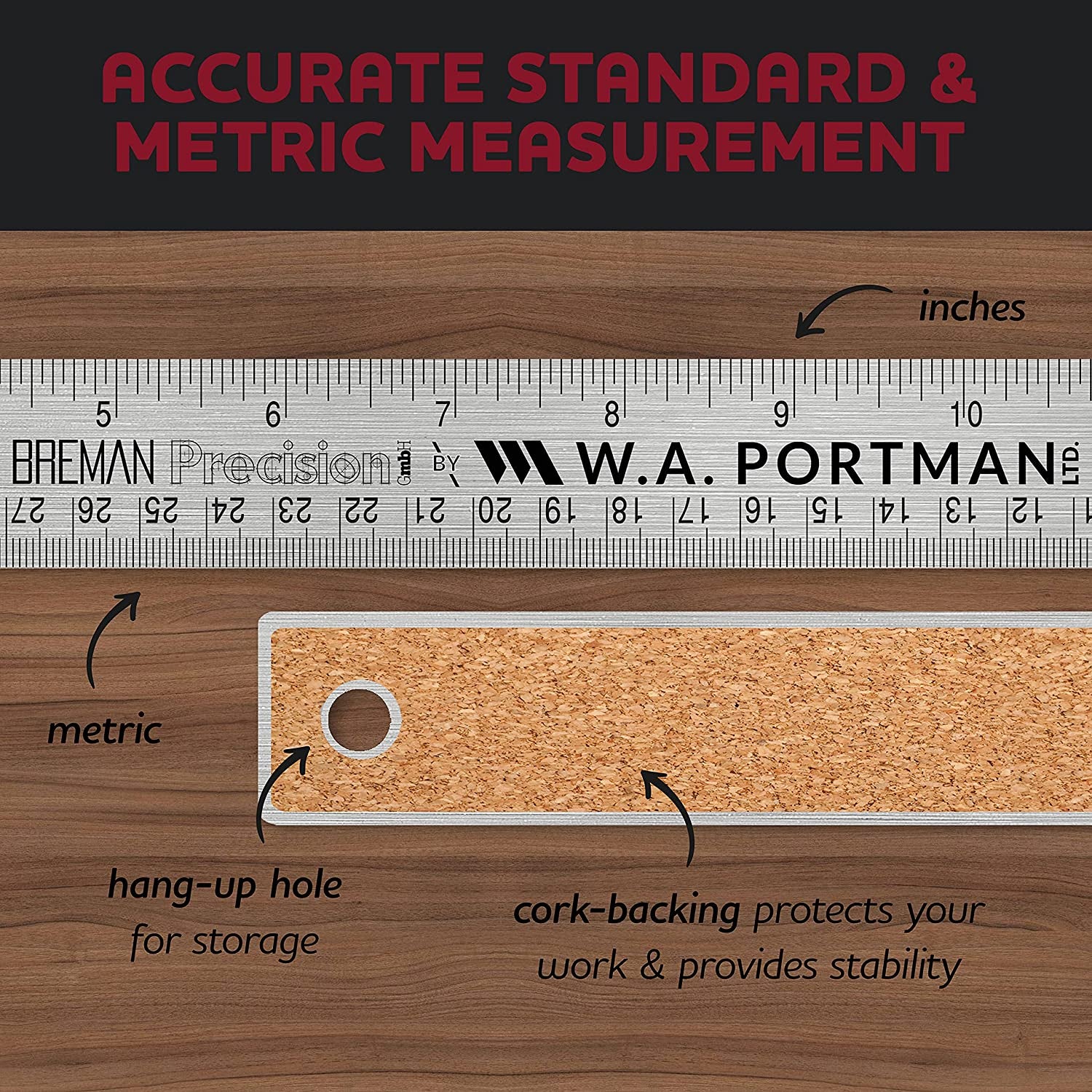 Metal Ruler 18 Inch - Stainless Steel Cork Back Metal Ruler - Premium Steel Straight Edge 18 Inch Metal Ruler - Flexible Stainless Steel Ruler - Imperial and Metric Ruler