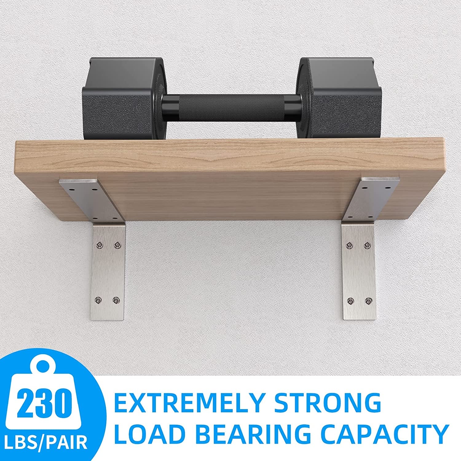 Shelf Bracket 8 Inch, Heavy Duty (1/5") Thick Solid L Brackets, Max Load: 230Lbs, Stainless Steel Countertop Bar Top Support Brackets Wall Mounted, Includes Hardware, 2 Pack