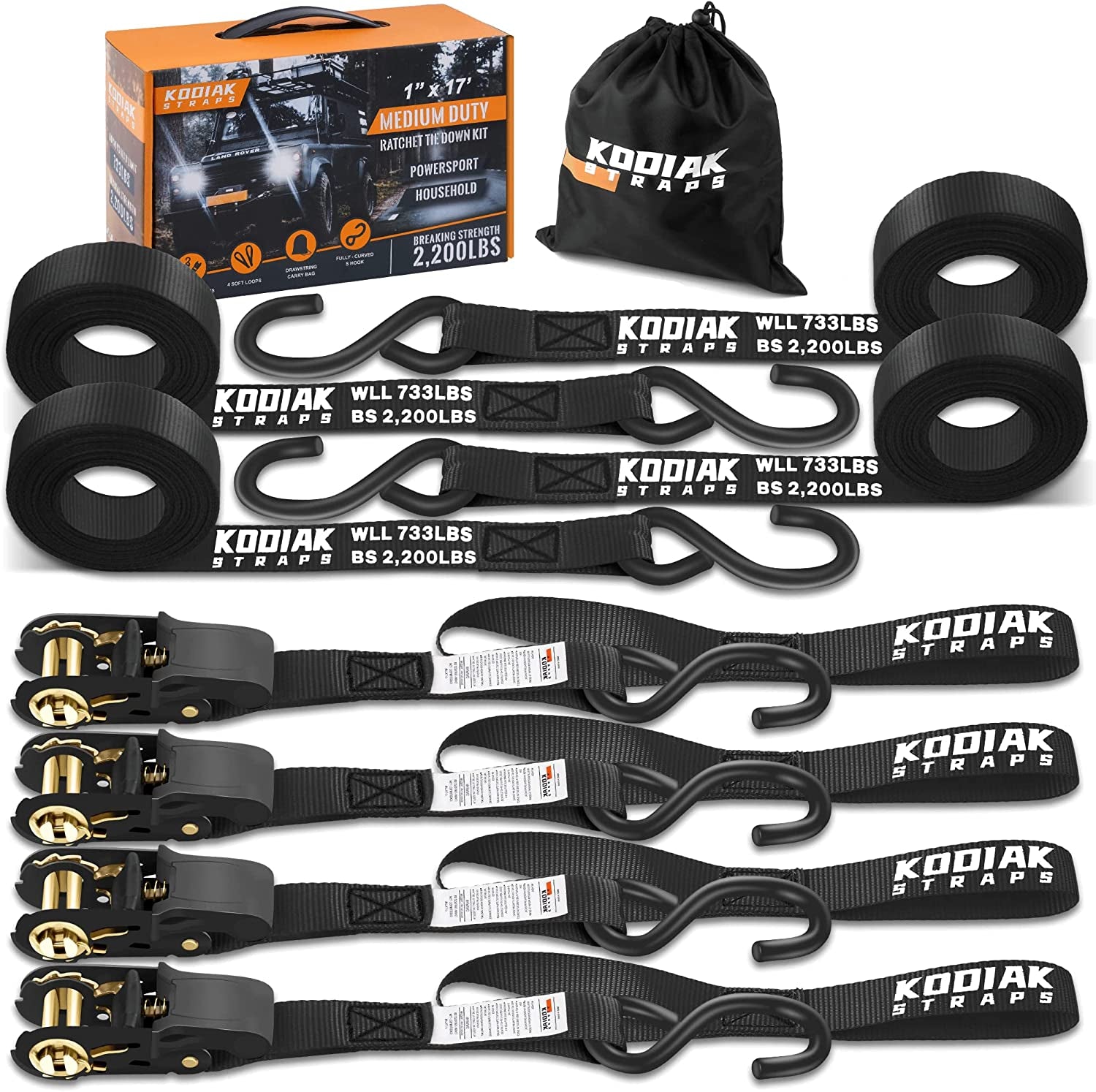 Ratchet Straps Heavy Duty Tie down Strap Set 2200 Break Strength – 1" X 17' 4Pk with Soft Loops Cargo Truck Bed Tie Downs – Coated Deep S-Hook & Carry Bag for Securing Cargo Black