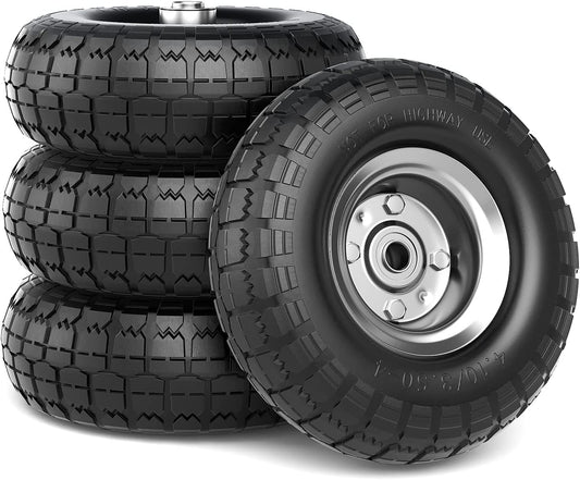 4.10/3.50-4 Tire and Wheel Flat Free, 10 Inch Solid Rubber Tire with 5/8”Axle Bore Hole and Double Sealed Bearings, for Dolly Wheels/Hand Truck Wheels/Dump Cart Wheels，4 Pack