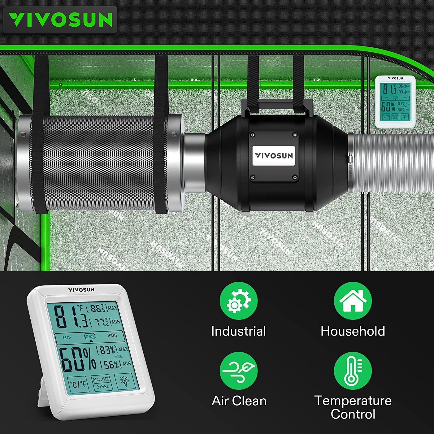 6 Inch 390 CFM Inline Fan with Speed Controller, 6 Inch Carbon Filter and 8 Feet of Ducting, Temperature Humidity Monitor for Grow Tent Ventilation