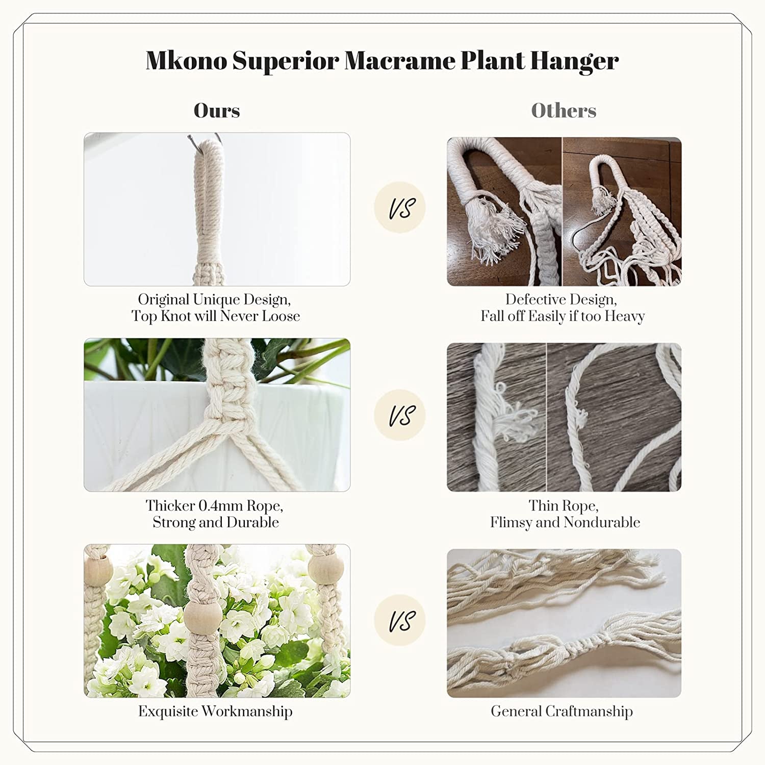 3 Pack Macrame Plant Hangers with Pots, 35"/29"/23" Indoor Different Size Hanging Planter Basket Flower Pot Holder with Saucers & Hooks No Tassels (Plastic Pots Included), Medium, Ivory