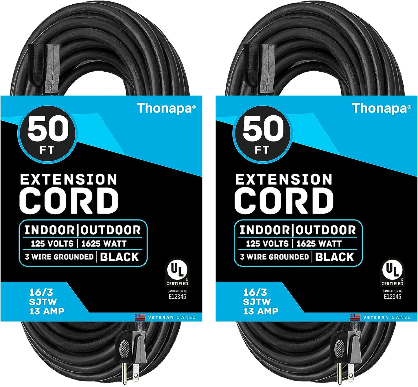 13 Amp Outdoor Extension Cord 50 Ft, 2 Pack, 16/3 SJTW 50 Foot Black Extension Cord 3 Prong Multi Pack, Weatherproof Exteriorpower Cable for Outdoor Lights, Landscaping, Lawn, UL Certified