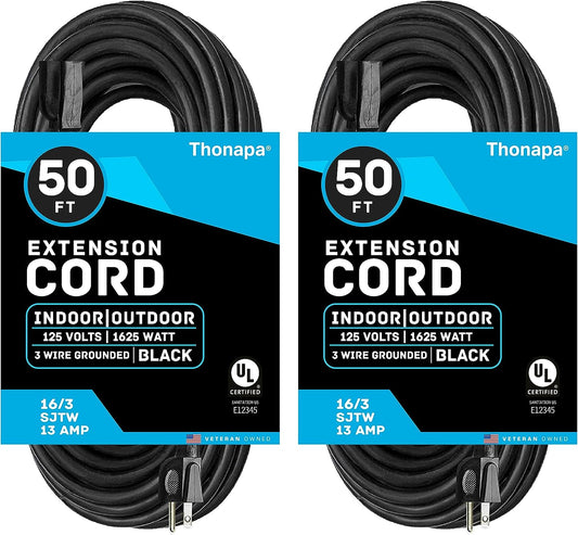 13 Amp Outdoor Extension Cord 50 Ft, 2 Pack, 16/3 SJTW 50 Foot Black Extension Cord 3 Prong Multi Pack, Weatherproof Exteriorpower Cable for Outdoor Lights, Landscaping, Lawn, UL Certified