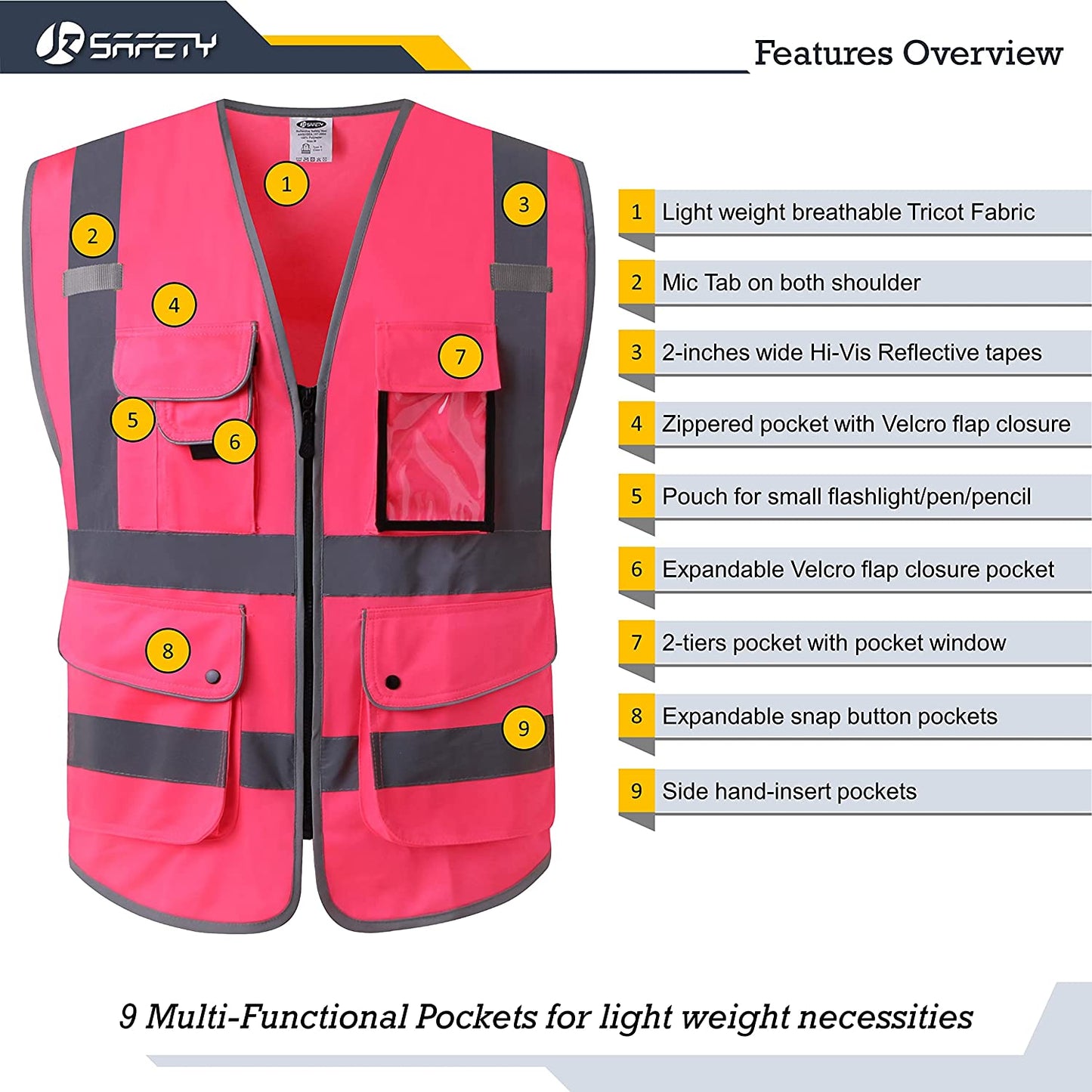 9 Pockets Class 2 High Visibility Zipper Front Safety Vest with Reflective Strips, Meets ANSI/ISEA Standards (Large, 150-Pink)