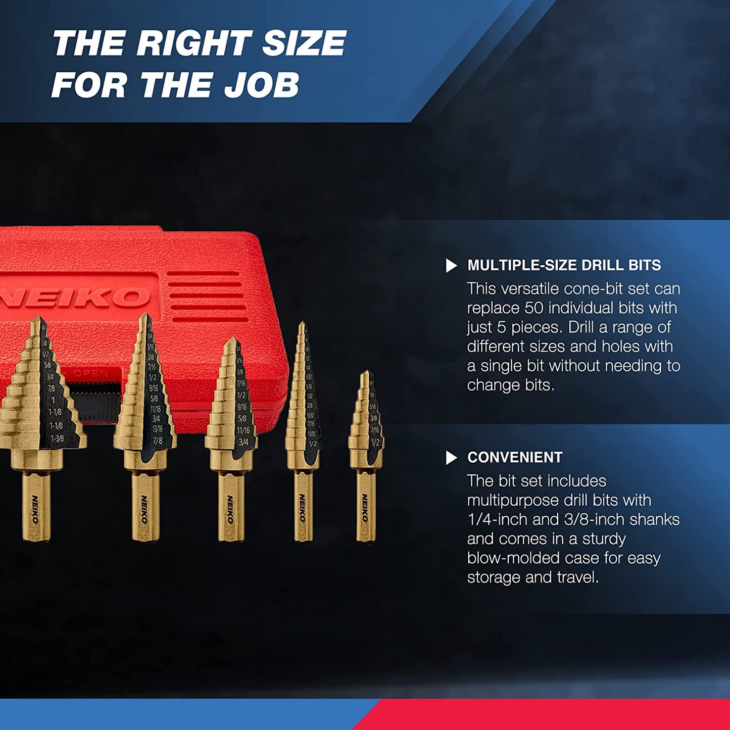 10197A Step Drill Bit Set, 5 Pc Step Bit for Metal, 50 SAE Sizes Total, 1/8” – 1-3/8”, SAE Titanium High Speed Steel Unibit, Stepper Cone Drill Bit, Two Flute Step down Bits, Step up Drill Bits