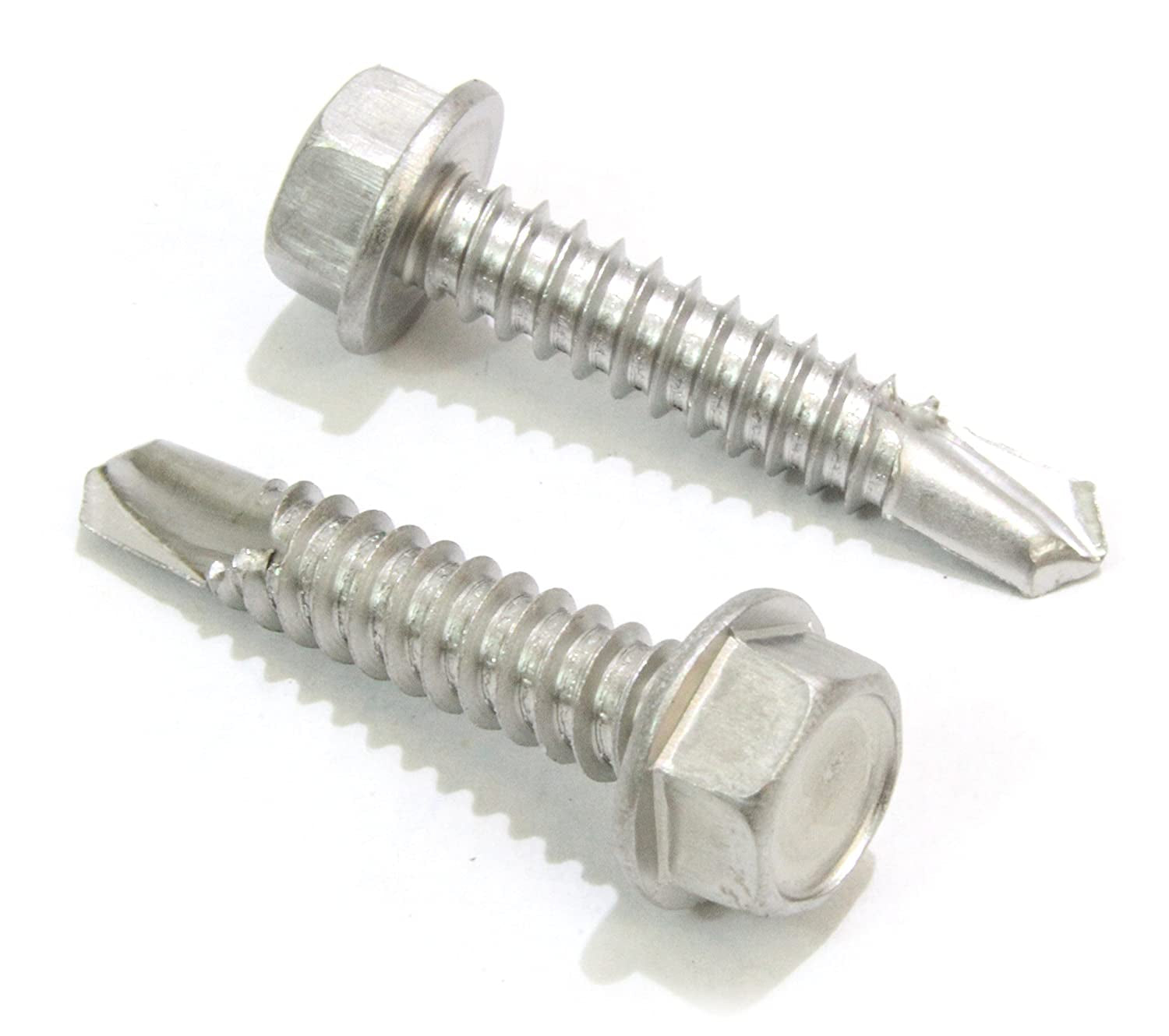 No. 14 X 1-1/2" Stainless Hex Washer Head Self Drilling Screws, (50 Pc), 410 Stainless Steel Self Tapping TEK Screws, No. 3 Point, Plain Finish by