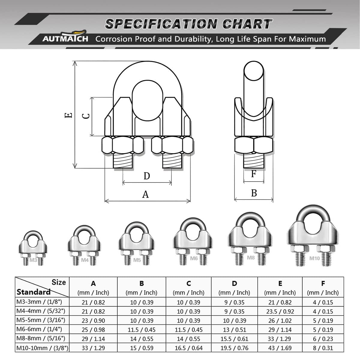 1/8 Inch M3 Wire Rope Cable Clip Clamp, 304 Stainless Steel U Bolt Saddle Fastener, 10 Pack