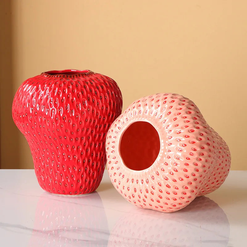 Cartoon Strawberry Vase Ceramic Vase Children'S Room Artifact Floral Accessories Fruit Pot Flowerpot Home Decoration Accessories