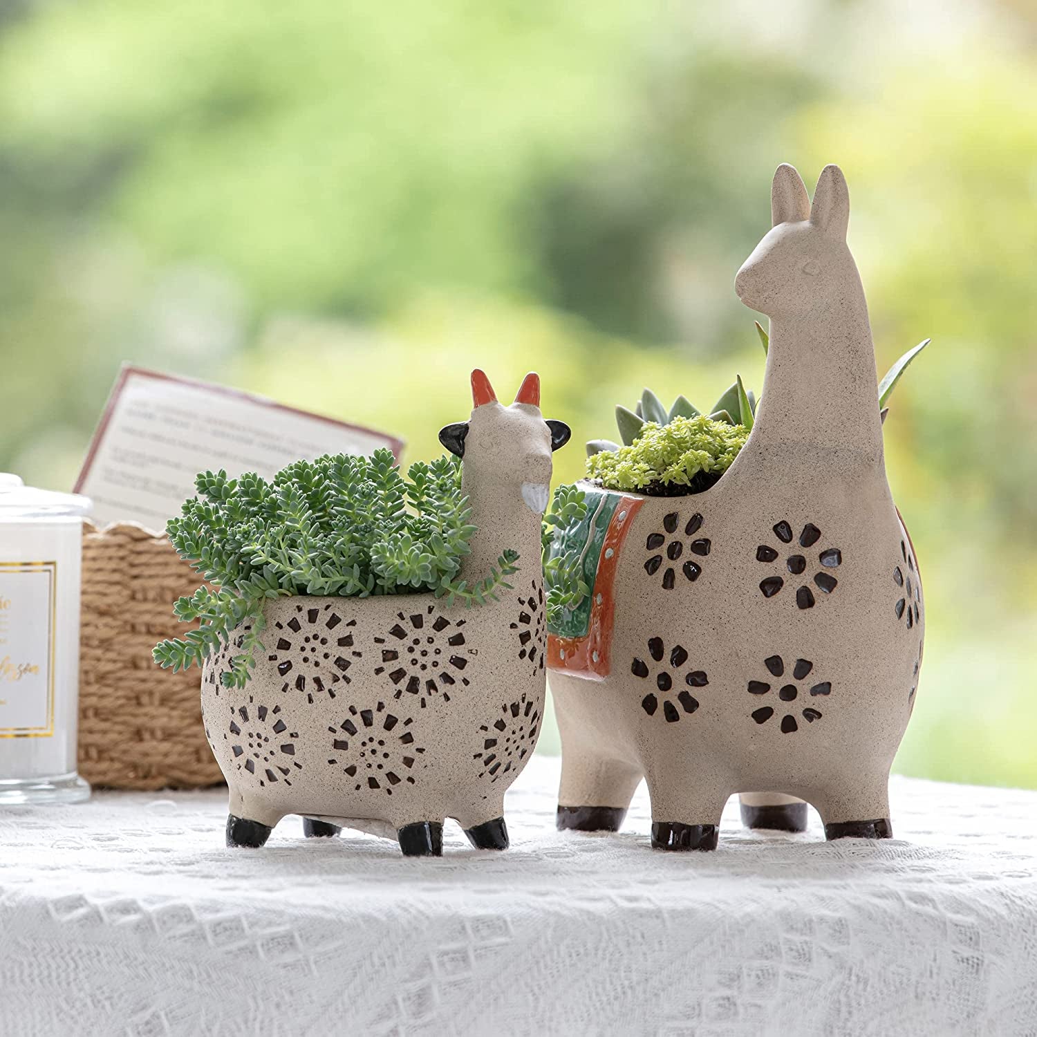 Ceramic Animal Succulent Planter Pots - 6.1 + 4.5 Inch Cute Alpaca / Llama & Goat Rough Pottery Unglazed Flower Plant Pots Indoor with Drainage for Herb Cactus Air Plants, Home Decor Gifts for Mom