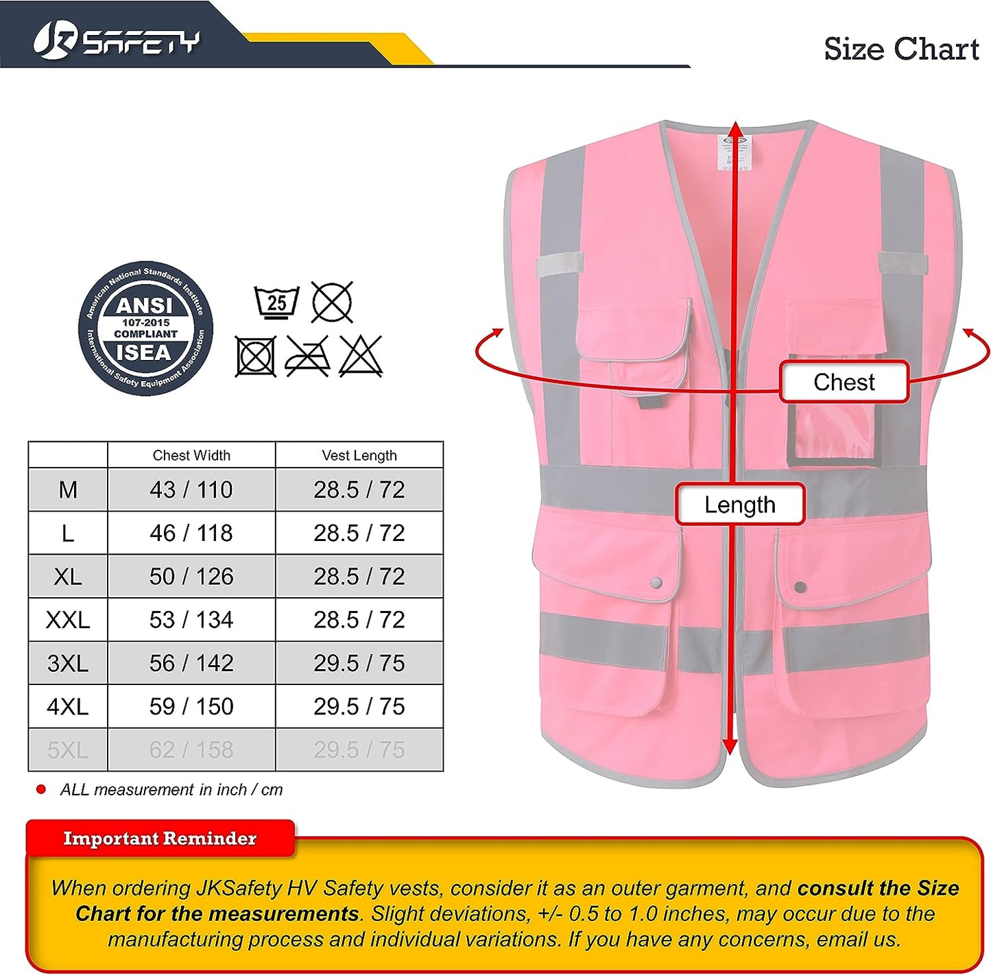 9 Pockets Class 2 High Visibility Zipper Front Safety Vest with Reflective Strips, Meets ANSI/ISEA Standards (Large, 150-Pink)