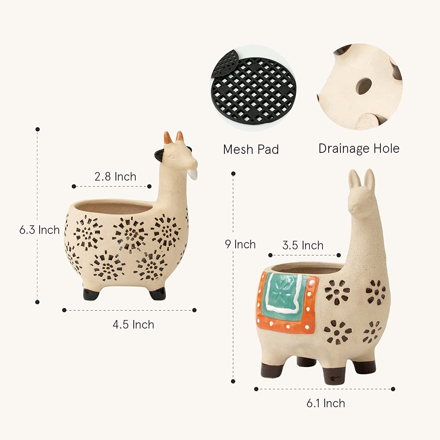 Ceramic Animal Succulent Planter Pots - 6.1 + 4.5 Inch Cute Alpaca / Llama & Goat Rough Pottery Unglazed Flower Plant Pots Indoor with Drainage for Herb Cactus Air Plants, Home Decor Gifts for Mom