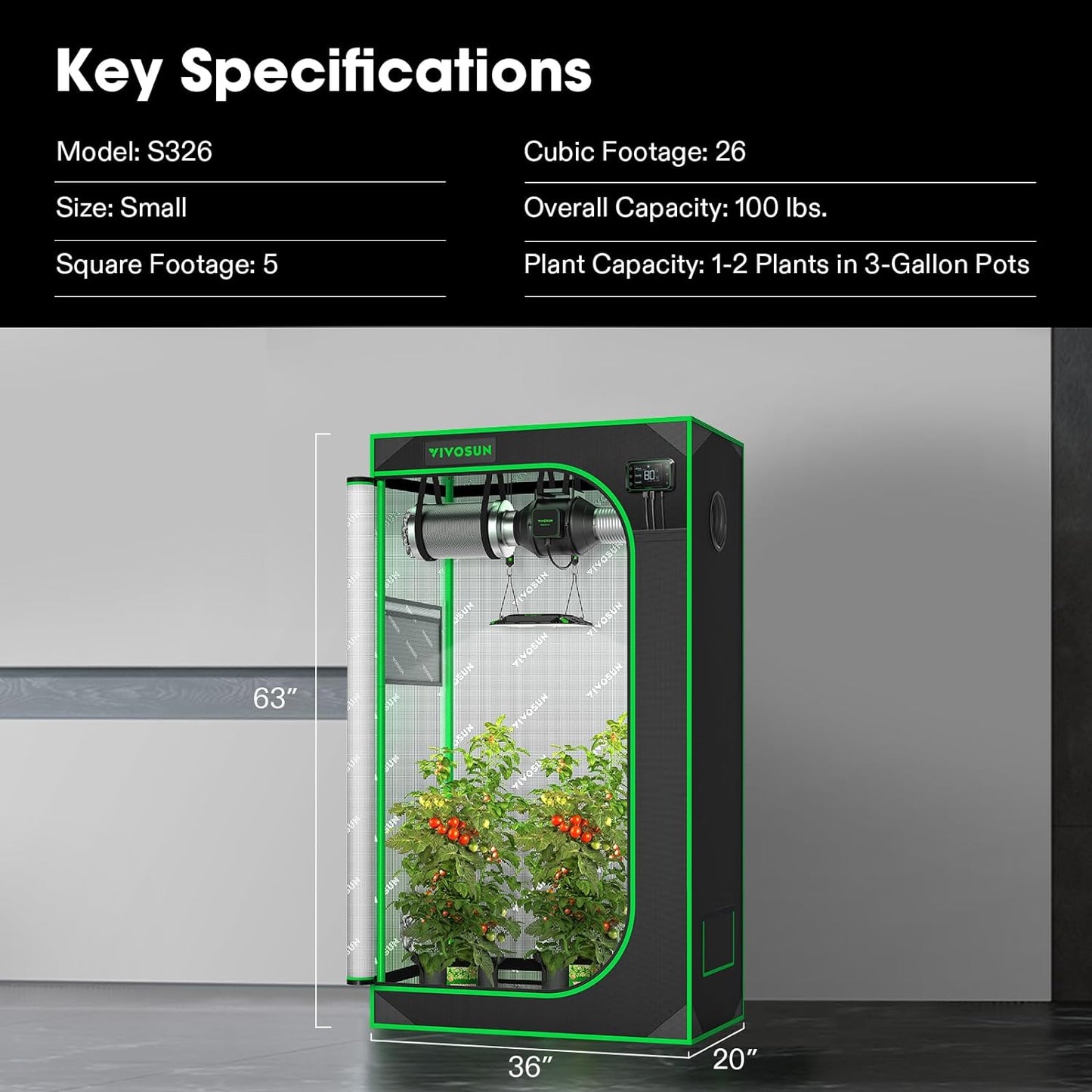 S326 36"X20"X63" Grow Tent, High Reflective Mylar with Observation Window and Floor Tray for Hydroponics Indoor Plant for VS1000/VS2000