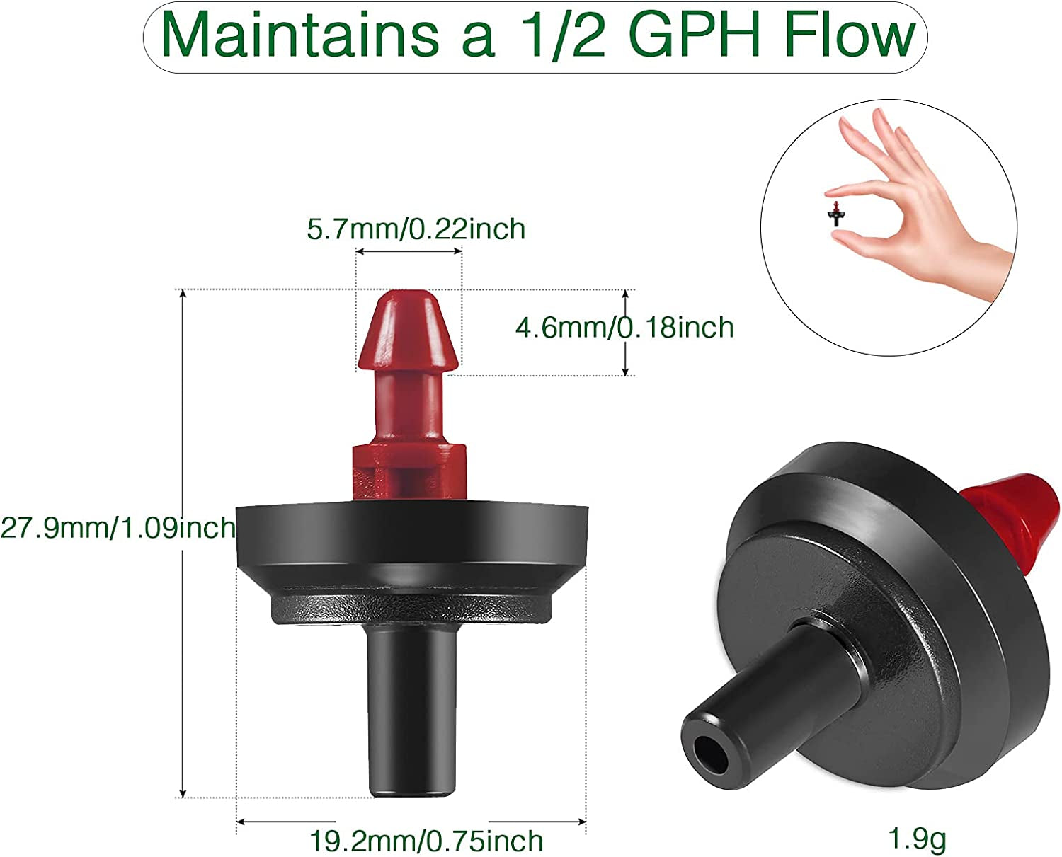 1/2 GPH Irrigation Drippers & Drip Emitters Maintain Constant Flow, 1/2 GPH Pressure Compensating Drippers, 1/2 GPH Inline Drippers & Drip Irrigation Emitters, 50 per Bag, Red/Black