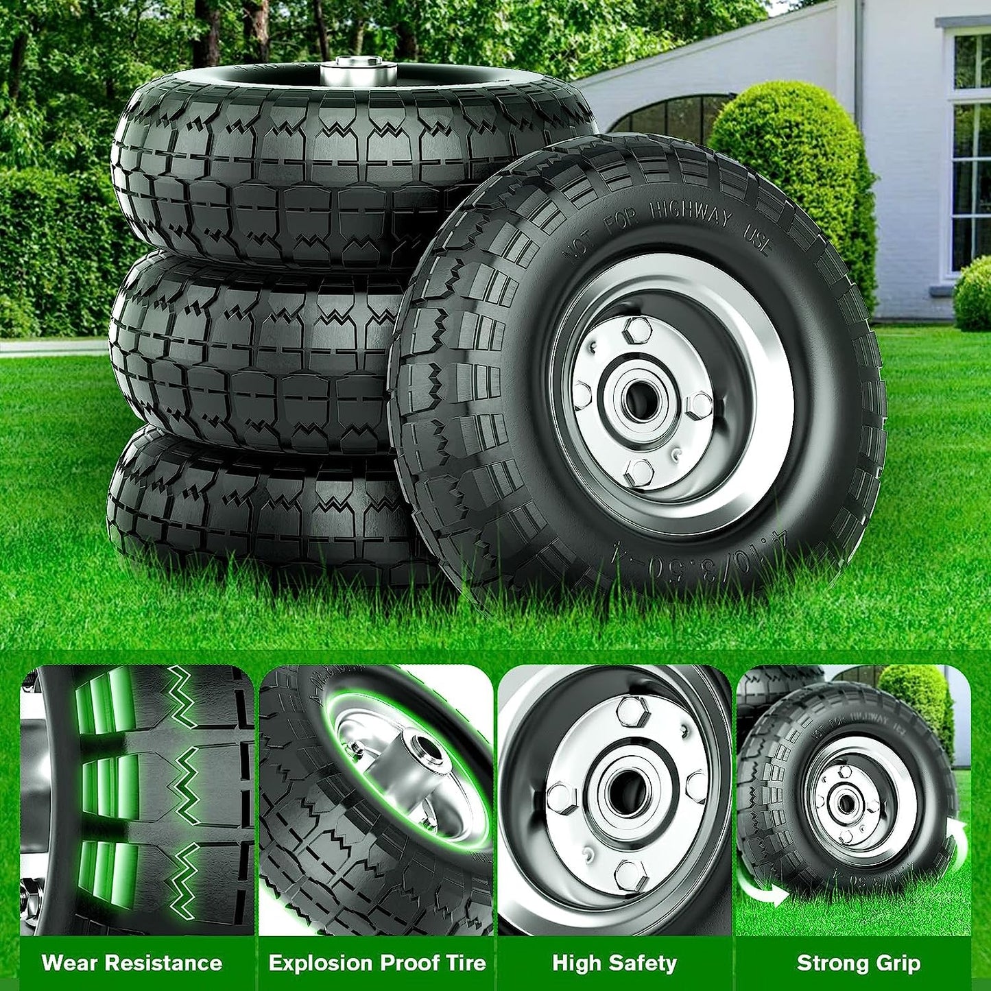 4.10/3.50-4 Tire and Wheel Flat Free, 10 Inch Solid Rubber Tire with 5/8”Axle Bore Hole and Double Sealed Bearings, for Dolly Wheels/Hand Truck Wheels/Dump Cart Wheels，4 Pack