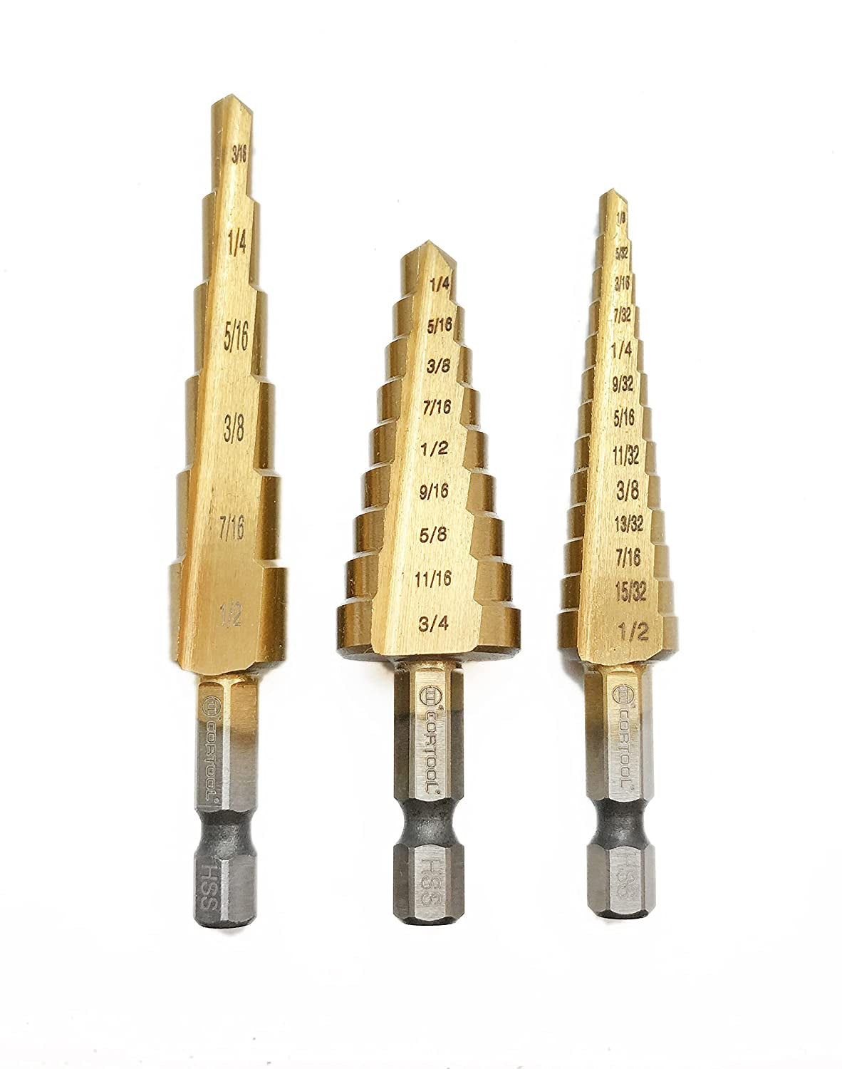 Step Drill Bit for Metal, Step Drill Bit,  3PCS Titanium Unibit Step Drill Bit Set, High Speed Steel Step Drill Bit HSS Quick Change 1/4" Shank,Total 28 Sizes 3/16" -1/2",1/4"-3/4",1/8"-1/2"