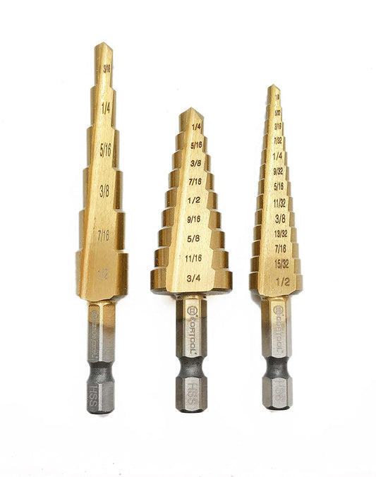 Step Drill Bit for Metal, Step Drill Bit,  3PCS Titanium Unibit Step Drill Bit Set, High Speed Steel Step Drill Bit HSS Quick Change 1/4" Shank,Total 28 Sizes 3/16" -1/2",1/4"-3/4",1/8"-1/2"