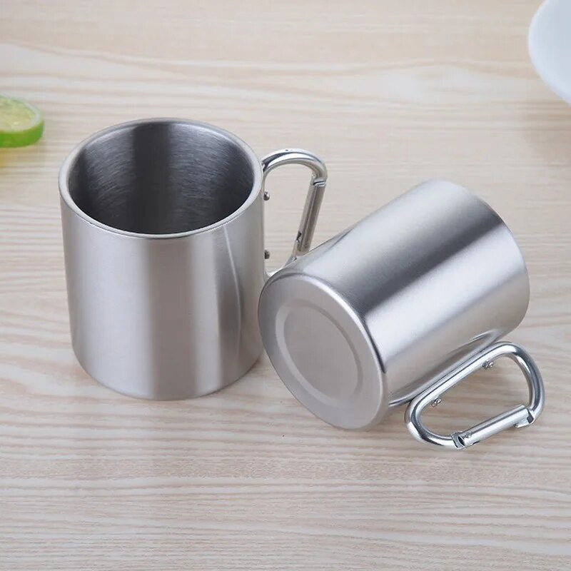 220/300/450Ml Camping Travel Stainless Steel Cup Carabiner Hook Handle Picnic Water Mug Outdoor Travel Hike Cup