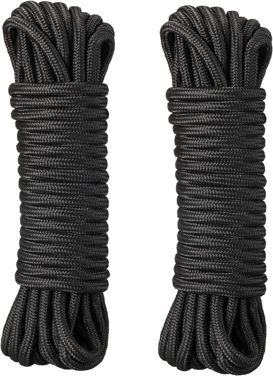 100 Ft 5/16 Inch Nylon Rope, Solid Braided Twisted Polyester Cord - High UV and Abrasion Resistance Industrial Grade Line for Garden, Patio, Camping & Flag Flying(Black)