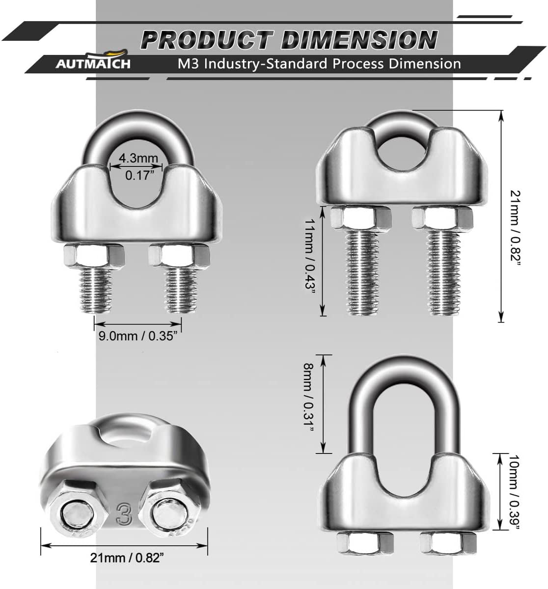 1/8 Inch M3 Wire Rope Cable Clip Clamp, 304 Stainless Steel U Bolt Saddle Fastener, 10 Pack