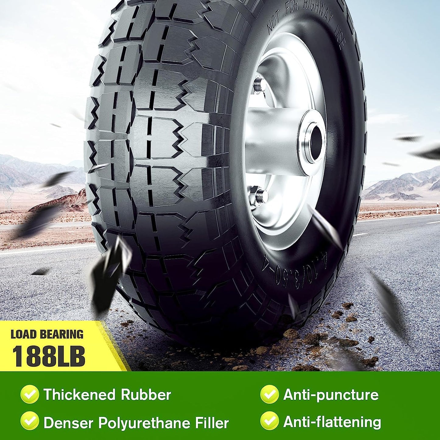 4.10/3.50-4 Tire and Wheel Flat Free, 10 Inch Solid Rubber Tire with 5/8”Axle Bore Hole and Double Sealed Bearings, for Dolly Wheels/Hand Truck Wheels/Dump Cart Wheels，4 Pack