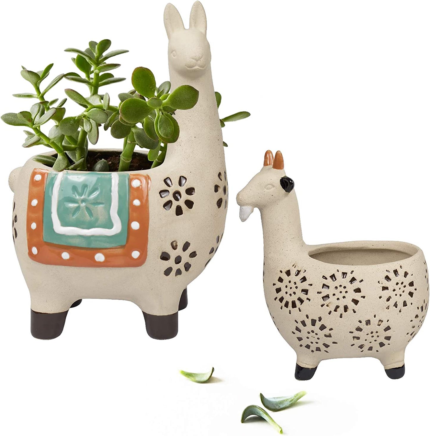 Ceramic Animal Succulent Planter Pots - 6.1 + 4.5 Inch Cute Alpaca / Llama & Goat Rough Pottery Unglazed Flower Plant Pots Indoor with Drainage for Herb Cactus Air Plants, Home Decor Gifts for Mom