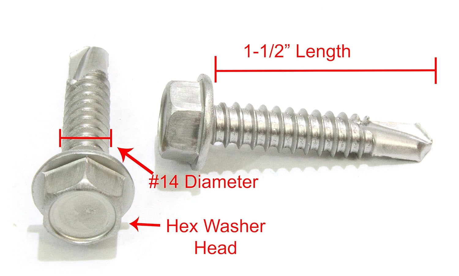 No. 14 X 1-1/2" Stainless Hex Washer Head Self Drilling Screws, (50 Pc), 410 Stainless Steel Self Tapping TEK Screws, No. 3 Point, Plain Finish by