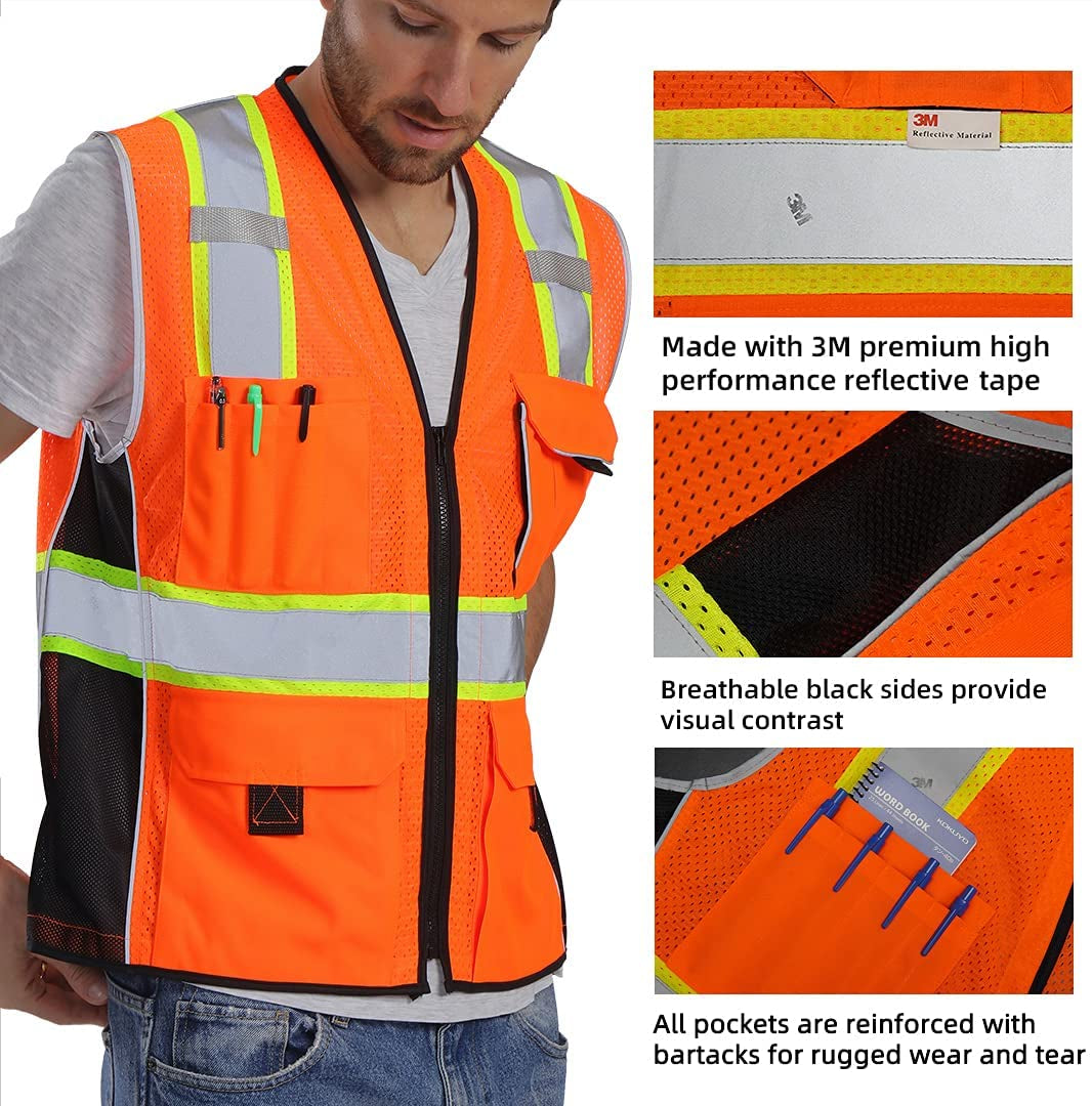 Vest Reflective Orange Mesh, High Visibility Vest with Pockets and Zipper, Heavy Duty Vest Made with 3M Reflective Tape 2XL