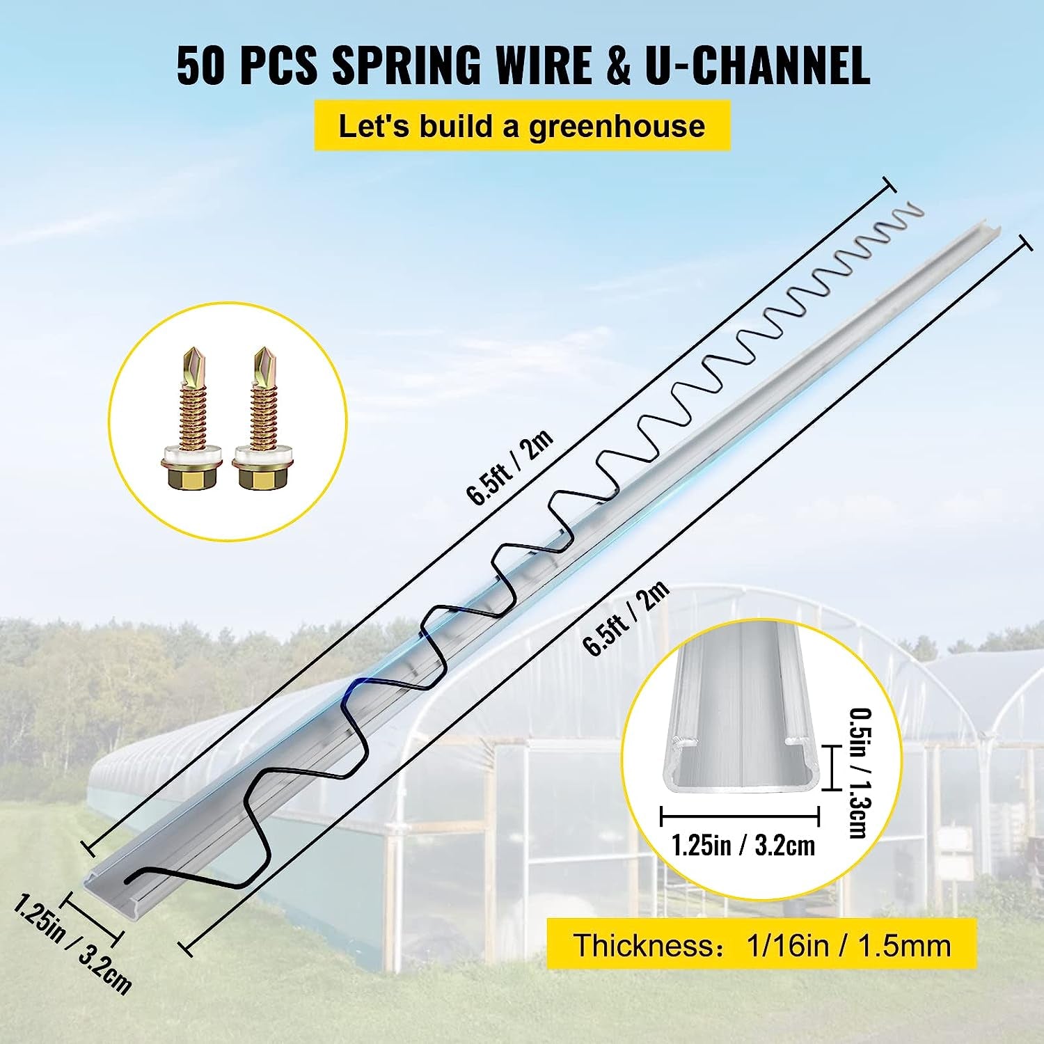 Greenhouse Spring Wire and Lock Channel 50 Packs, 6.56 Ft PE Coated Aluminum Alloy Bundle Kit, Plastic Poly Film or Shade Cloth Attachment W/Screws, Silver