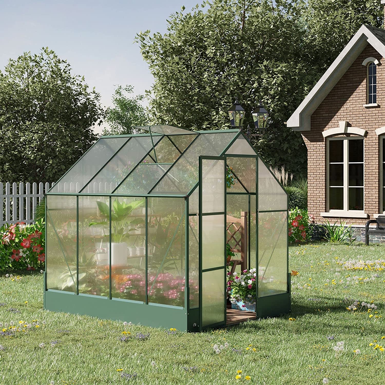 6' X 8' X 7' Walk-In Plant Polycarbonate Greenhouse with Temperature Controlled Window Hobby Greenhouse for Backyard/Outdoor