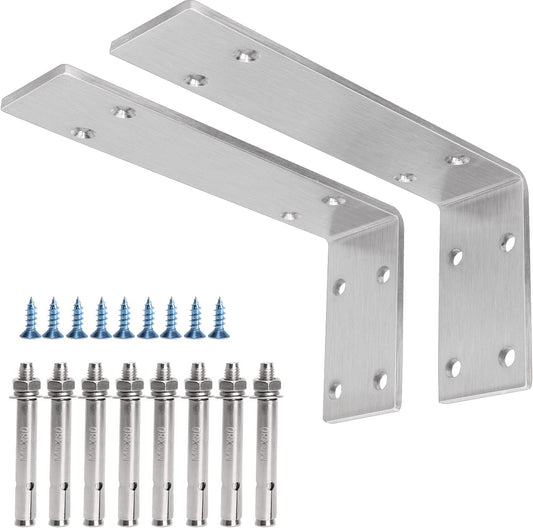 Shelf Bracket 8 Inch, Heavy Duty (1/5") Thick Solid L Brackets, Max Load: 230Lbs, Stainless Steel Countertop Bar Top Support Brackets Wall Mounted, Includes Hardware, 2 Pack