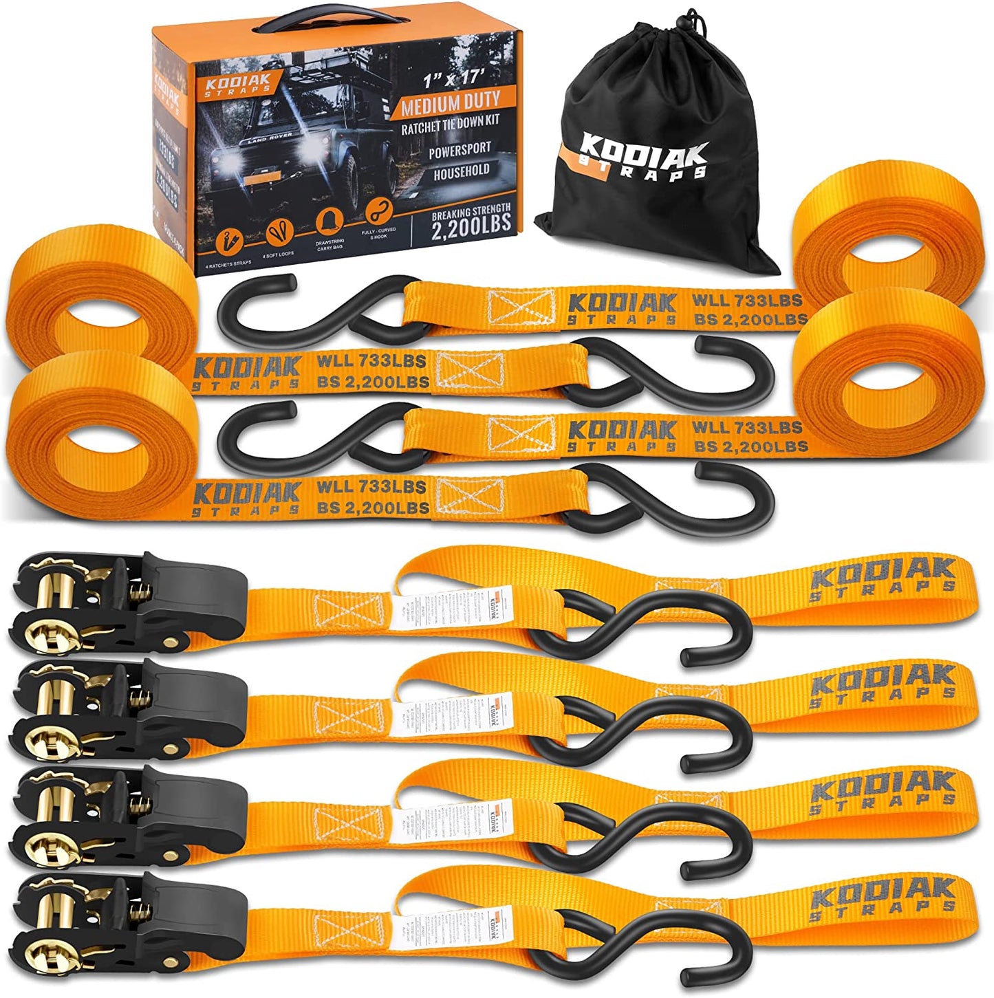 Ratchet Straps Heavy Duty Tie down Strap Set 2200 Break Strength – 1" X 17' 4Pk with Soft Loops Cargo Truck Bed Tie Downs – Coated Deep S-Hook & Carry Bag for Moving, Securing Cargo