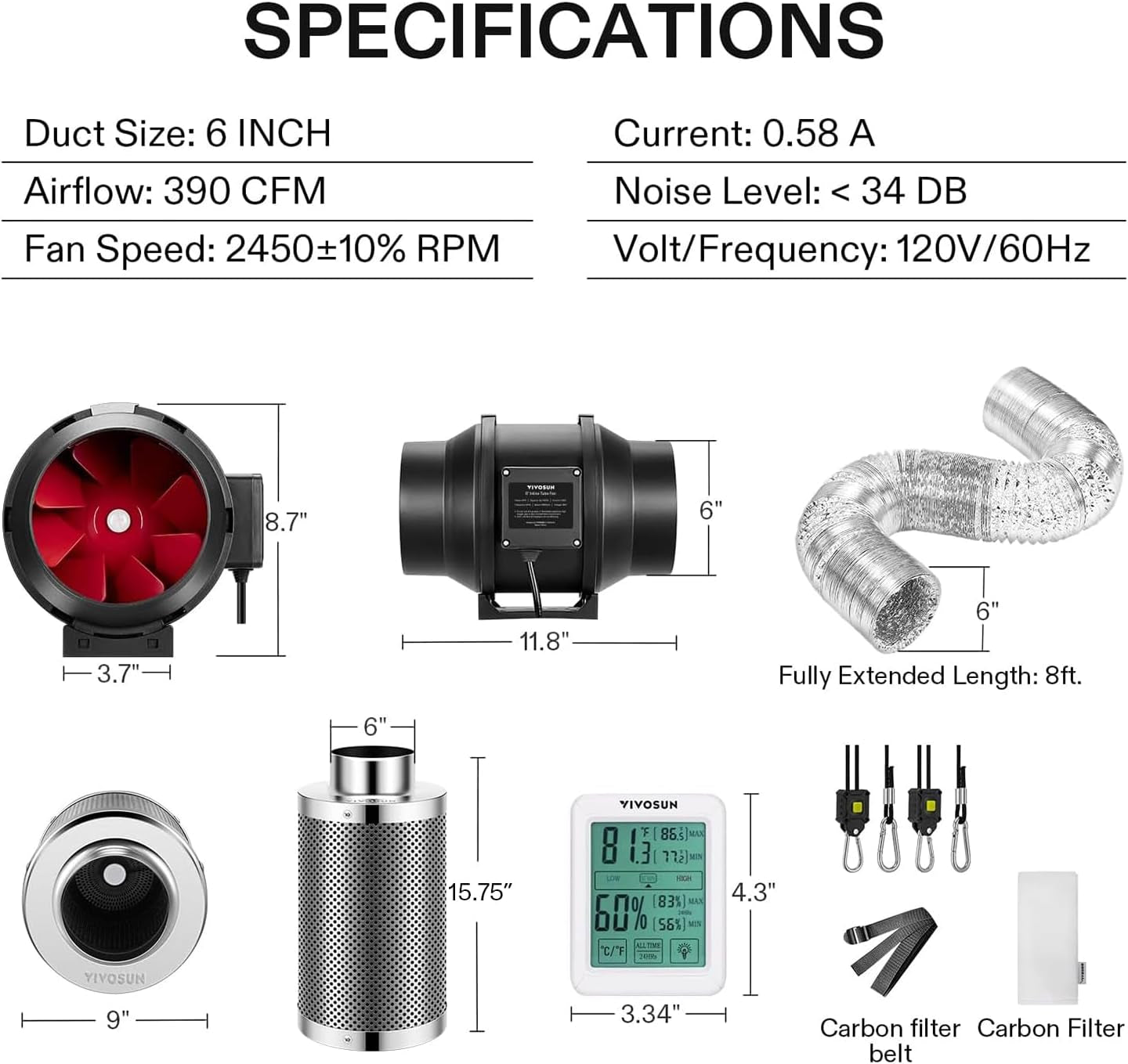 6 Inch 390 CFM Inline Fan with Speed Controller, 6 Inch Carbon Filter and 8 Feet of Ducting, Temperature Humidity Monitor for Grow Tent Ventilation