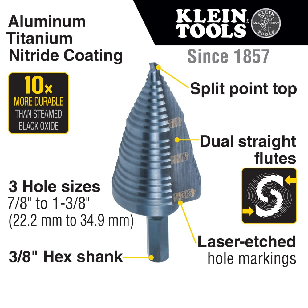 KTSB15 Step Drill Bit #15 Double Fluted 7/8 to 1-3/8-Inch with Easy-To-Read Step Markings and Targets, 3/8-Inch Hex Shank