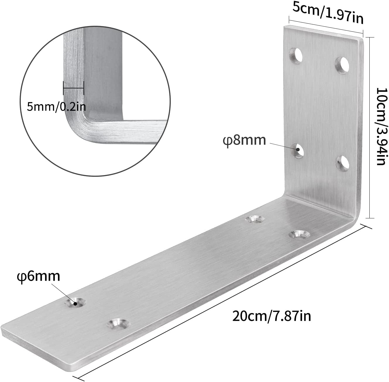 Shelf Bracket 8 Inch, Heavy Duty (1/5") Thick Solid L Brackets, Max Load: 230Lbs, Stainless Steel Countertop Bar Top Support Brackets Wall Mounted, Includes Hardware, 2 Pack