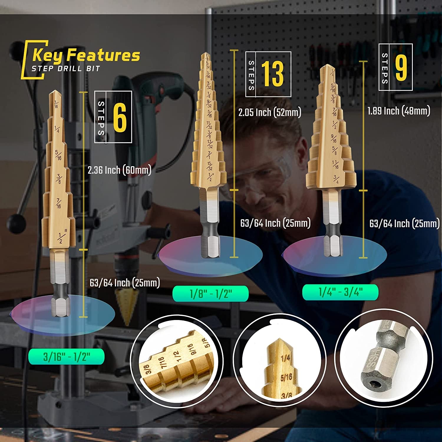 Step Drill Bit for Metal, Step Drill Bit,  3PCS Titanium Unibit Step Drill Bit Set, High Speed Steel Step Drill Bit HSS Quick Change 1/4" Shank,Total 28 Sizes 3/16" -1/2",1/4"-3/4",1/8"-1/2"