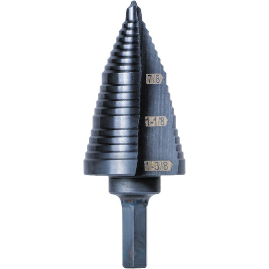 KTSB15 Step Drill Bit #15 Double Fluted 7/8 to 1-3/8-Inch with Easy-To-Read Step Markings and Targets, 3/8-Inch Hex Shank