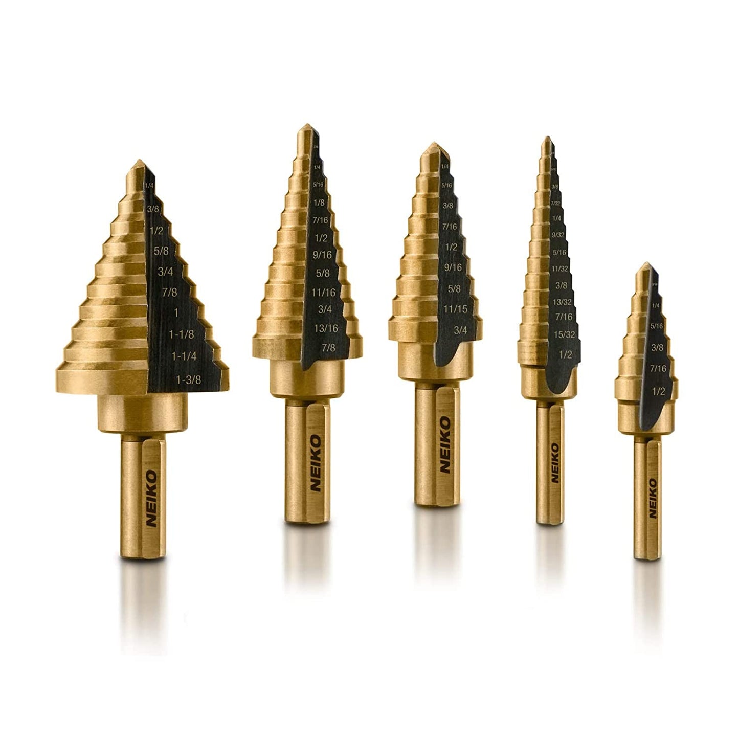 10197A Step Drill Bit Set, 5 Pc Step Bit for Metal, 50 SAE Sizes Total, 1/8” – 1-3/8”, SAE Titanium High Speed Steel Unibit, Stepper Cone Drill Bit, Two Flute Step down Bits, Step up Drill Bits